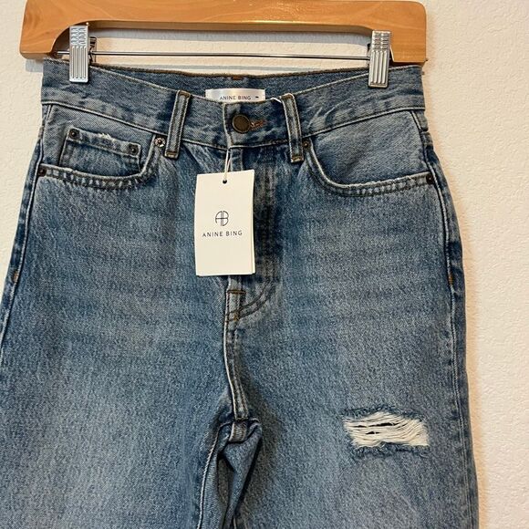 Anine Bing Mid Blue Distressed Denim Cropped Straight Jeans Women's Size 24 NWT - Picture 3 of 8